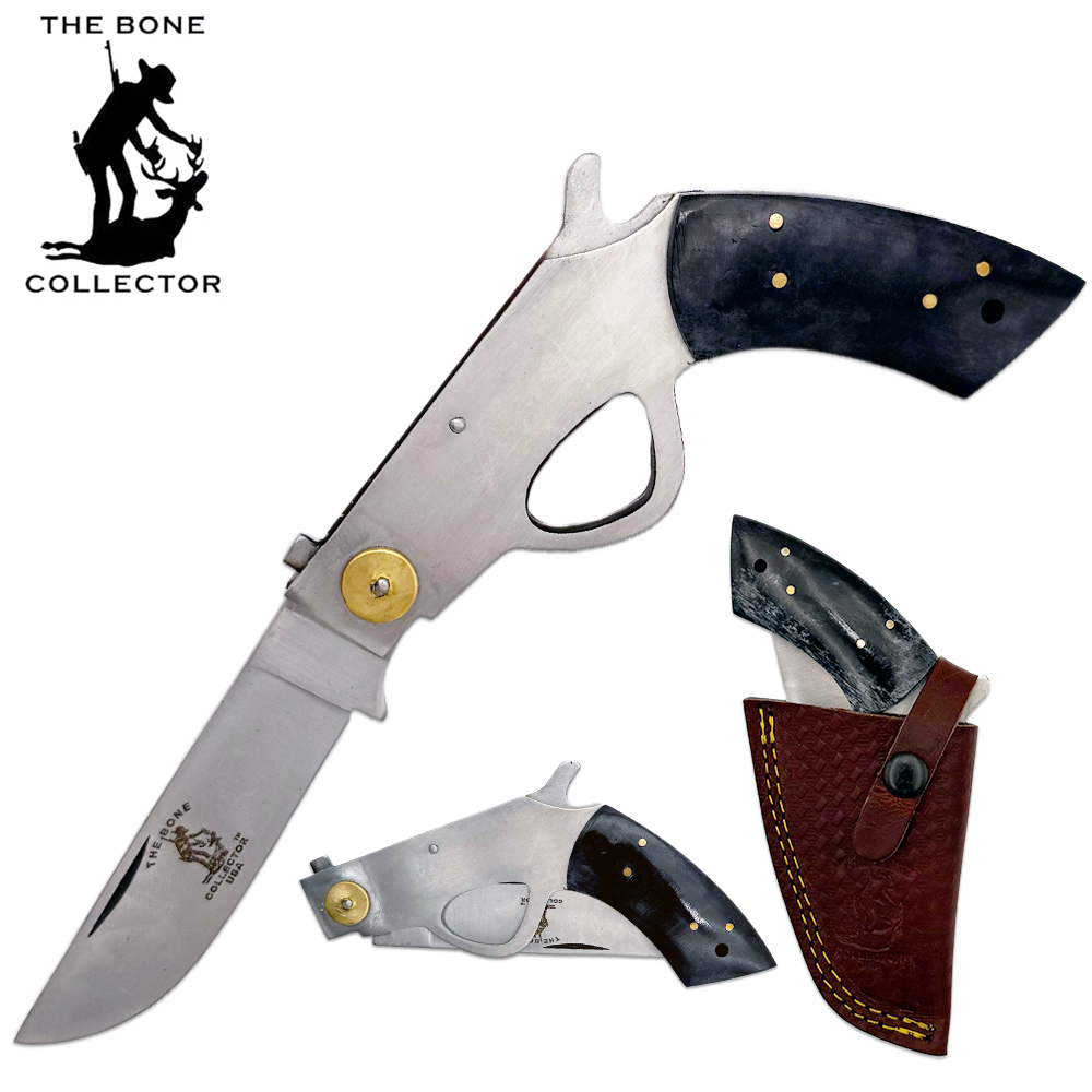 6 inch Bone Collector Black Gun-Handle Folding Knife with Leather Sheath