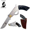 6 inch Bone Collector Black Gun-Handle Folding Knife with Leather Sheath