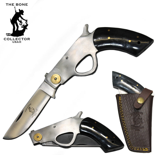 6" Bone Collector Black Gun-Handle Folding Knife with Leather Sheath