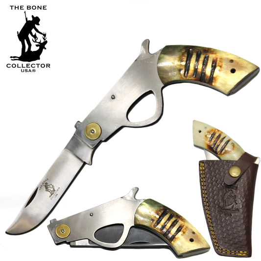 6" Bone Collector Gun-Handle Folding Knife with Leather Sheath
