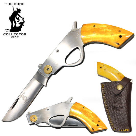6" Bone Collector Yellow Gun-Handle Folding Knife with Leather Sheath