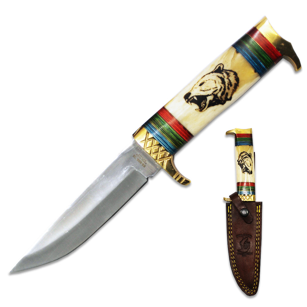 A hunting knife with a bone collector design, featuring a stainless steel blade, bovine bone handle with a multicolor bear pattern, and a brass guard and pommel. A leather sheath is included.