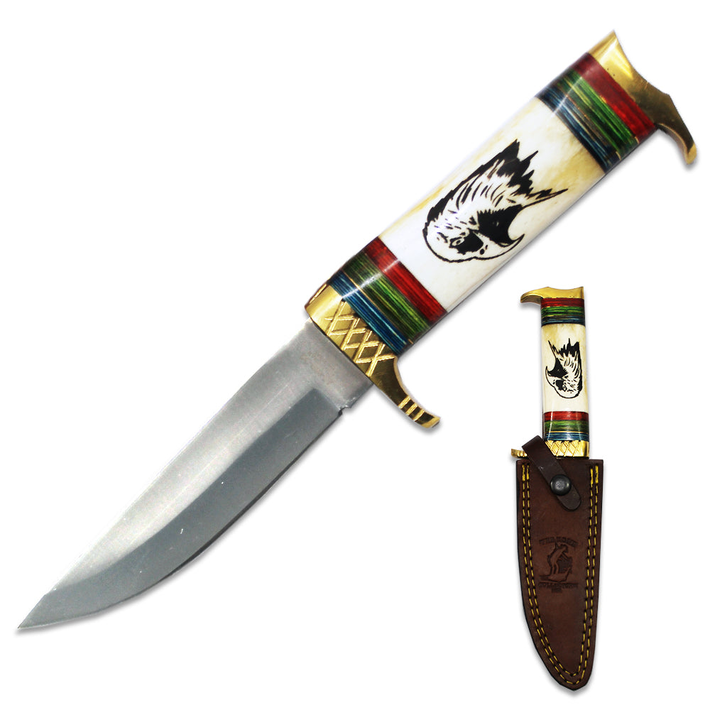 BC 888-EA 10.5 inch Bone Collector Eagle Design Bovine & Brass Hunting Knife with Leather Sheath