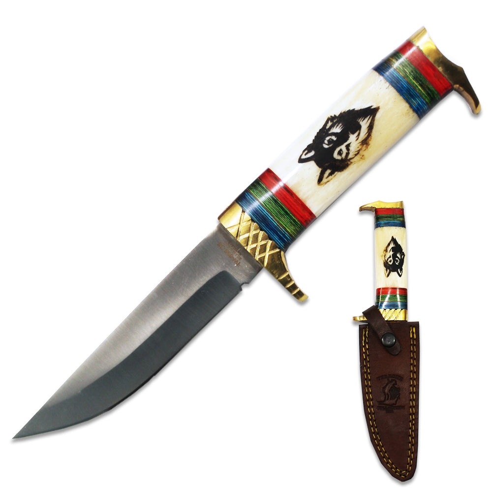 BC 888-WF 10.5 inch Bone Collector Wolf Design Bovine & Brass Hunting Knife with Leather Sheath