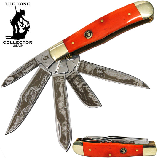 BC 5249-OSM 4" 5 Blade Etched Orange Bovine Bone Collector Pocket Knife - Bladevip