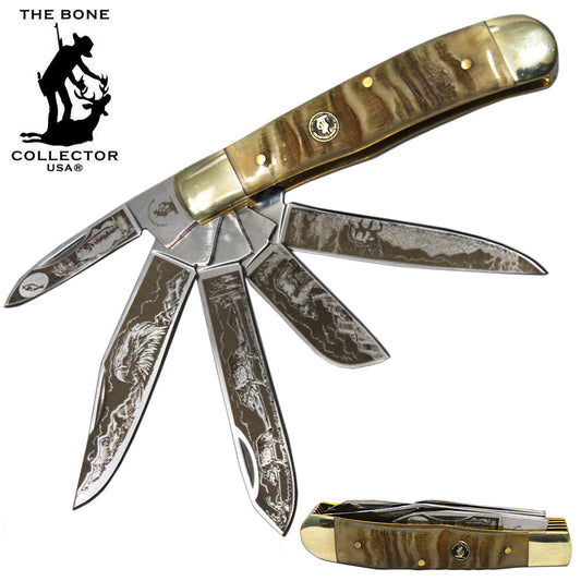 BC 5249-RH 4" 5 Blade Etched Ram Horn Bone Collector Pocket Knife - Bladevip