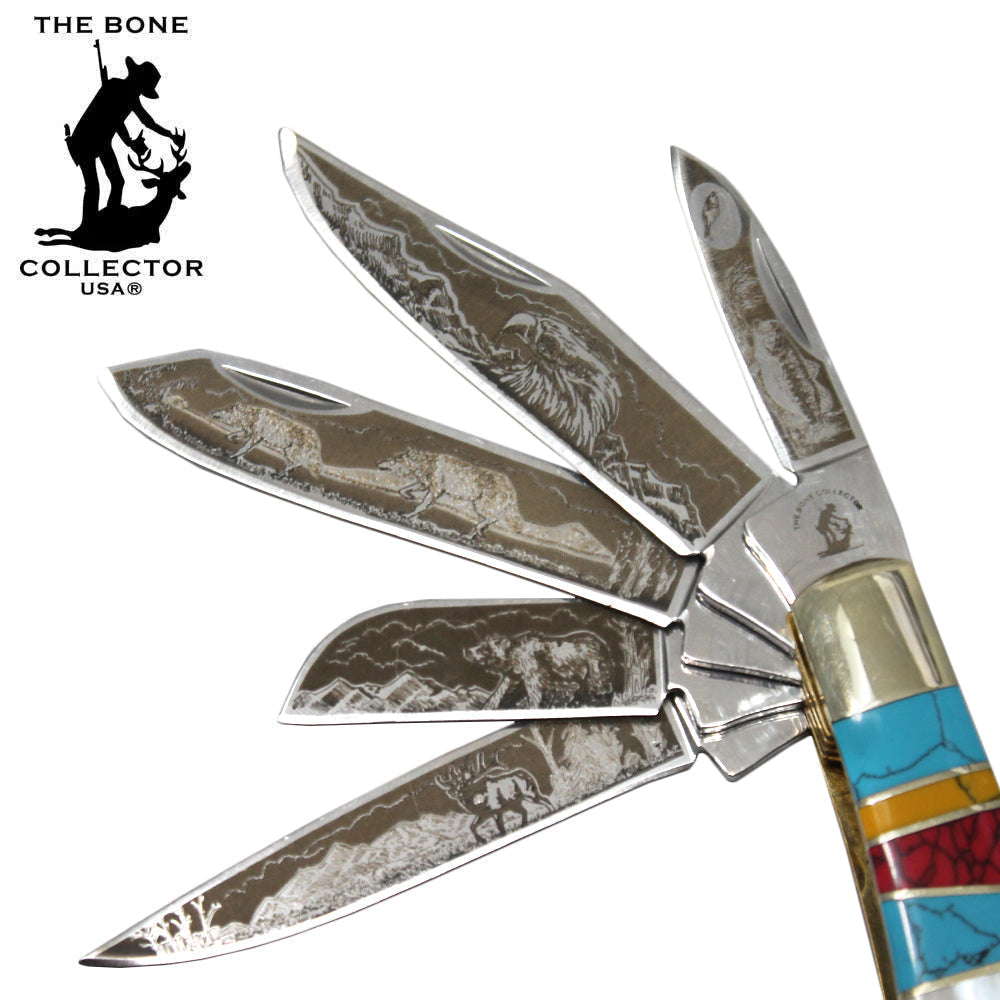 BC 5249-TP4 4" 5 Blade Etched Mother Pearl Handle Bone Collector Pocket Knife - Bladevip