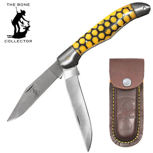 BC 816-BY 5" Yellow Honeycomb Bone Collector 2 Blade Resin Handle Folding Knife with Leather Knife