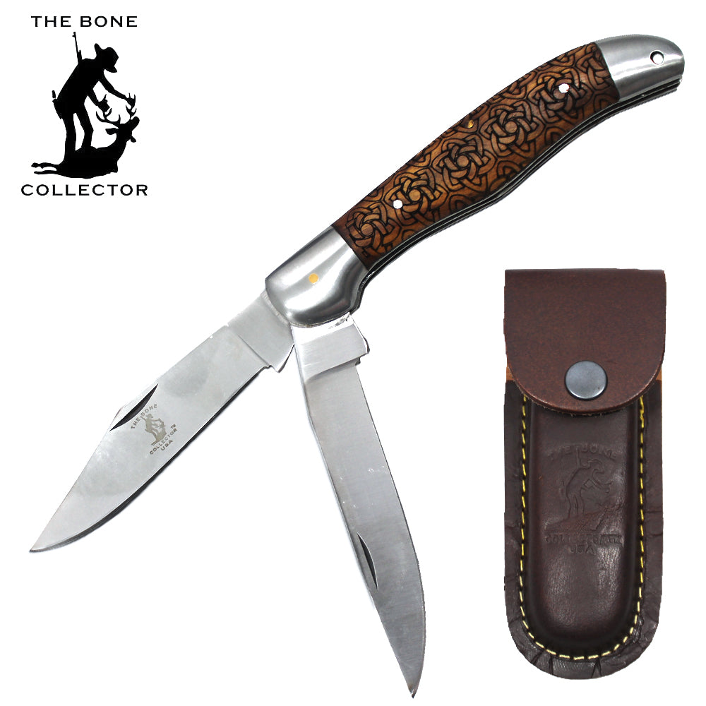 BC 816-RW 5" Rosewood Bone Collector 2 Blade Wood Handle Folding Knife with Leather Knife - Bladevip