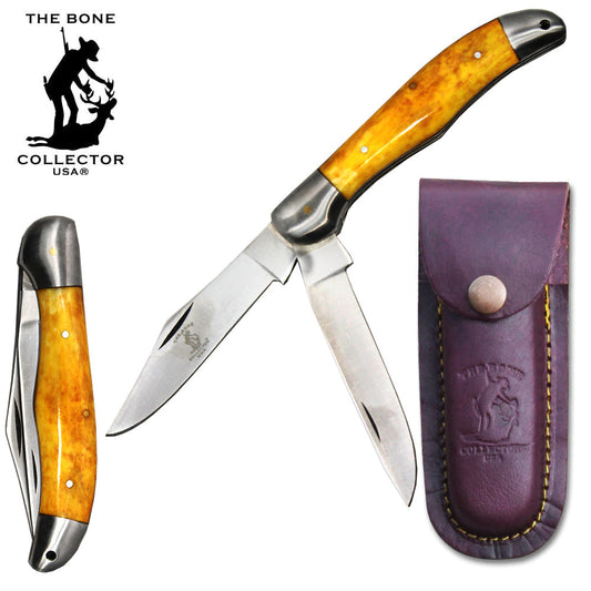 BC 816-YBN 5" Yellow Bone Collector 2 Blade Bone Handle Folding Knife with Leather Knife - Bladevip