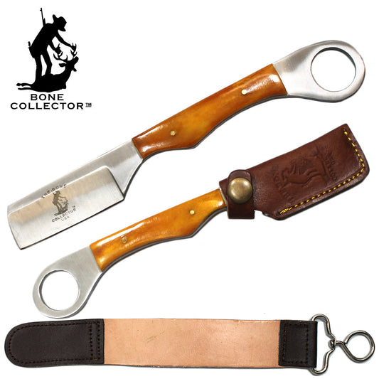 BC 866-YBN 8" Yellow Bone Handle Razor Knife with Leather Sheath & Sharpening Strop Belt - Bladevip