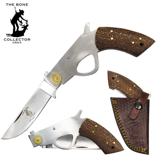 6" Bone Collector Rosewood Gun-Handle Folding Knife with Leather Sheath