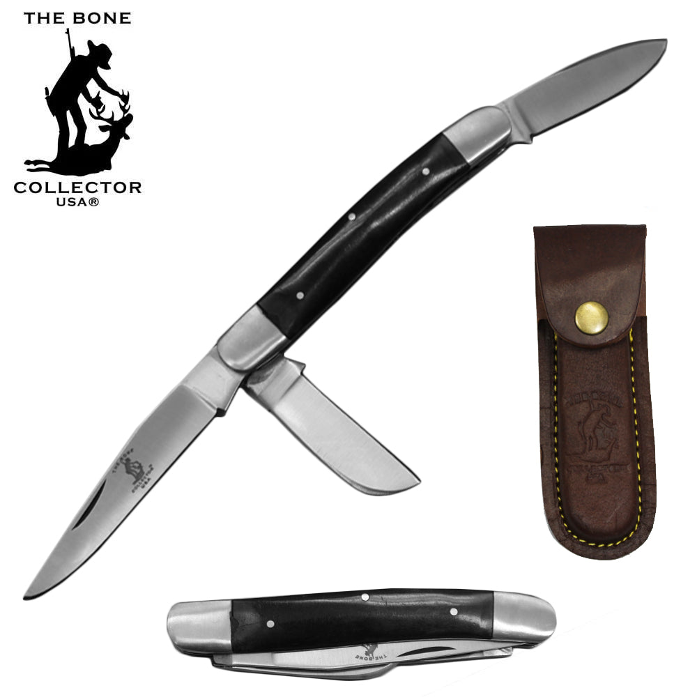 BC 869-BKBN 5" Black Bone Collector 3 Blade Bone Handle Folding Knife with Leather Sheath - Bladevip