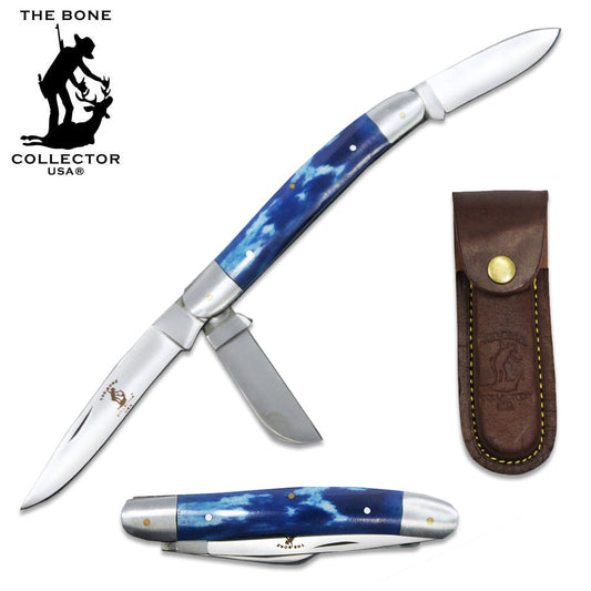 BC 869-BLBN 5" Blue Bone Collector 3 Blade Bone Handle Folding Knife with Leather Sheath - Bladevip