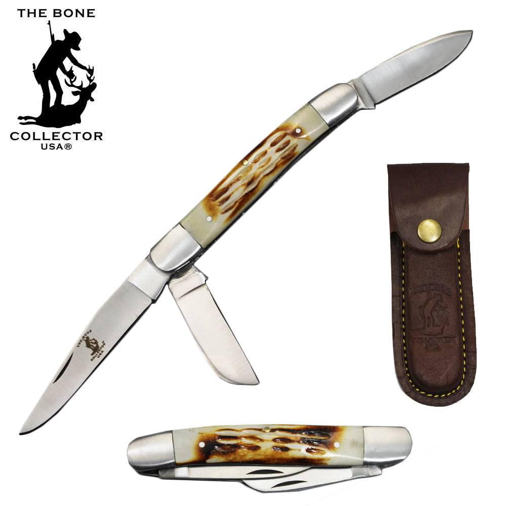 BC 869-BN 5" Burn Bone Collector 3 Blade Bone Handle Folding Knife with Leather Sheath - Bladevip