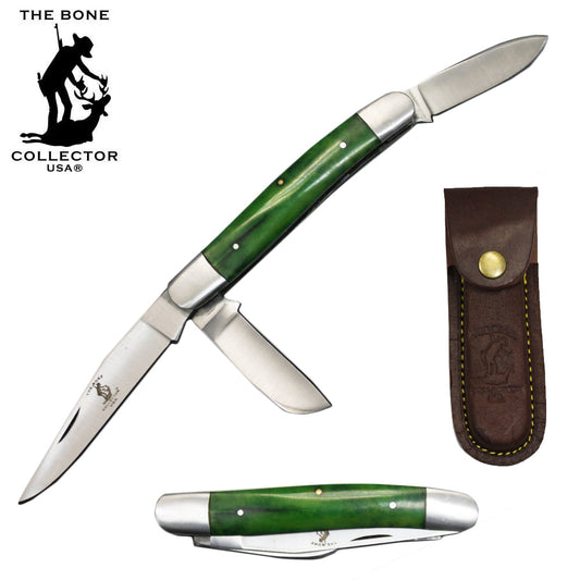 BC 869-GN 5" Green Bone Collector 3 Blade Bone Handle Folding Knife with Leather Sheath - Bladevip