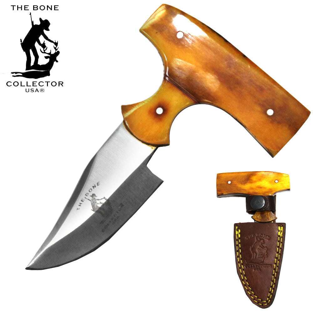 BC 872-YBN 5" Bone Collector Yellow Bone Short Blade Skinning Knife with Leather Sheath - Bladevip