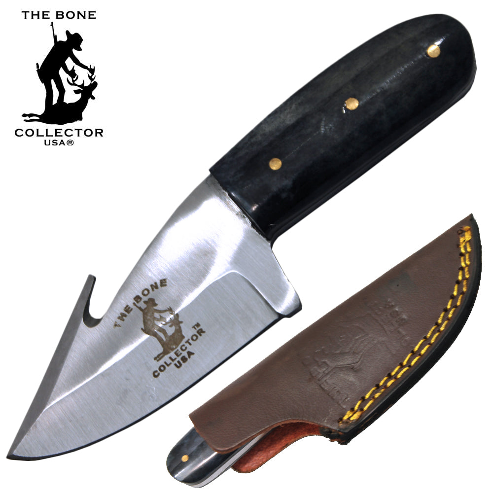 BC 874-BKBN 5.25" Bone Collector Black Handle Gut Hook Skinner Knife with Leather Sheath - Bladevip