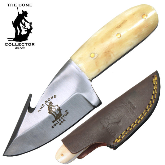 BC 874-BN 5.25" Bone Collector White Handle Gut Hook Skinner Knife with Leather Sheath - Bladevip