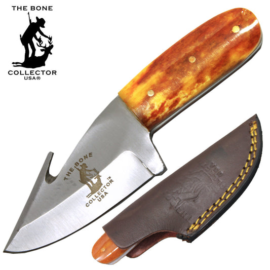 BC 874-YBN 5.25" Bone Collector Yellow Handle Gut Hook Skinner Knife with Leather Sheath - Bladevip