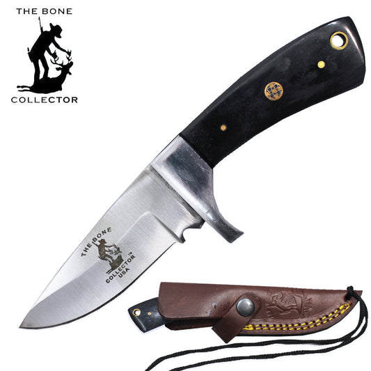 BC 881-BKBN 6.5" Black Bone Collector Bovine Handle Skinner Knife with Rope Leather Sheath & Lanyard - Bladevip