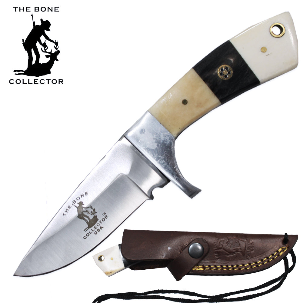 BC 881-BN 6.5" White Bone Collector Bovine Handle Skinner Knife with Rope Leather Sheath & Lanyard - Bladevip