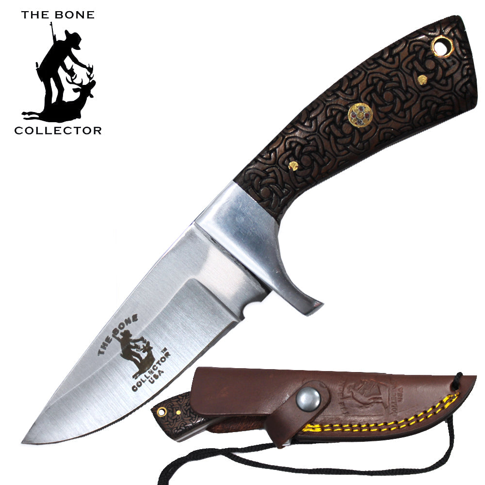 BC 881-RW 6.5" Rosewood Bone Collector Carved Handle Skinner Knife with Rope Leather Sheath & Lanyard - Bladevip