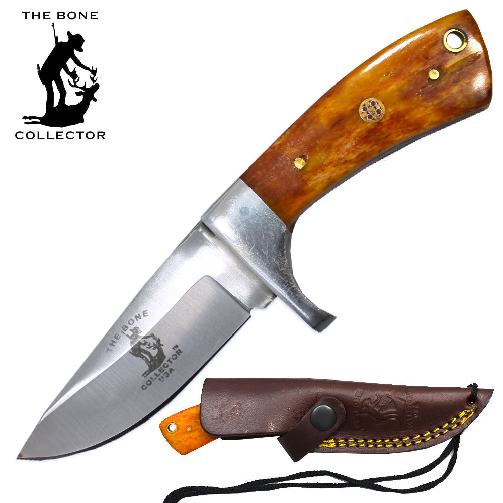 BC 881-YBN  6.5" Yellow Bone Collector Bovine Handle Skinner Knife with Rope Leather Sheath & Lanyard - Bladevip