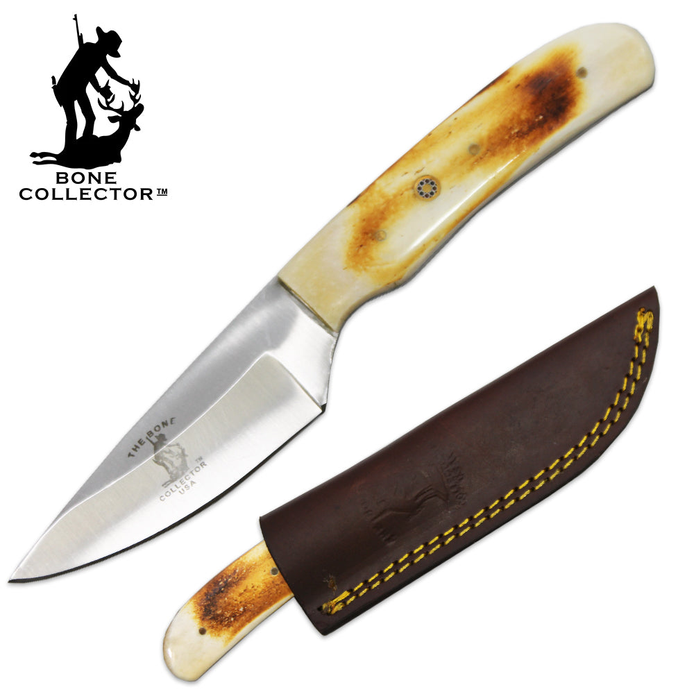 BC 883-BN 4" Bone Collector Bovine Bone Handle Hunting Knife with Leather Sheath - Bladevip