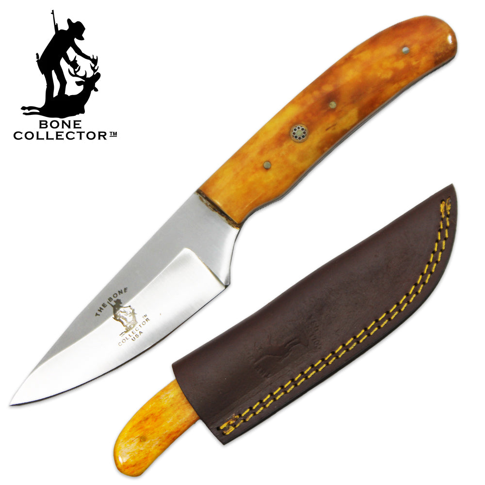 BC 883-YBN 4" Bone Collector Yellow Bovine Bone Handle Hunting Knife with Leather Sheath - Bladevip