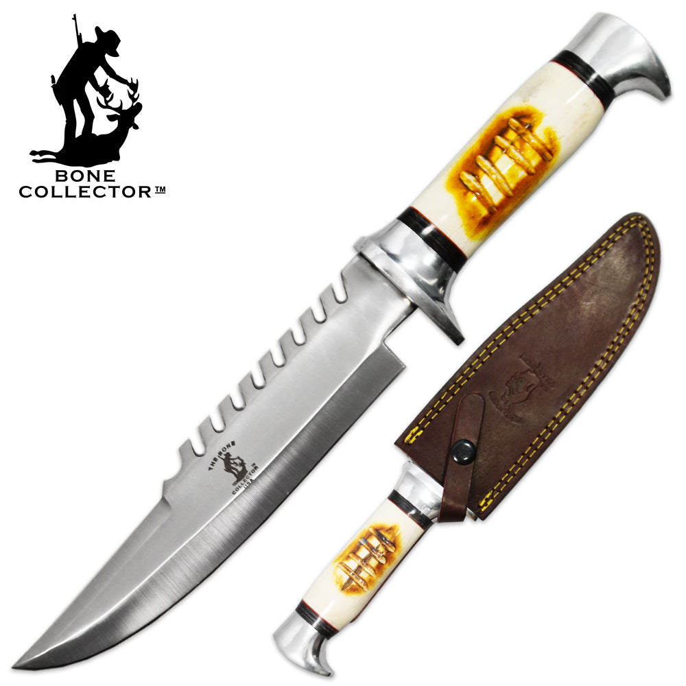 BC 885 12.5" Bone Collector Bovine Bone Handle Sawback Hunting Knife with Leather Sheath - Bladevip