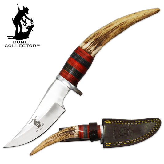 BC 887-HORN 10" Bone Collector Bovine Horn Handle Hunting Knife with Leather Sheath - Bladevip