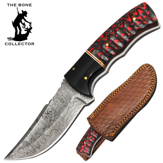 BC HKDB-51 8" Bone Collector Pakkawood Wood Handle Damascus Blade Hunting Knife with Leather Sheath