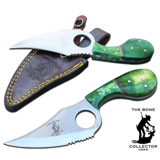 7" Bone Collector Green Cattle Cow Bone Handle Skinning Knife with Leather Sheath