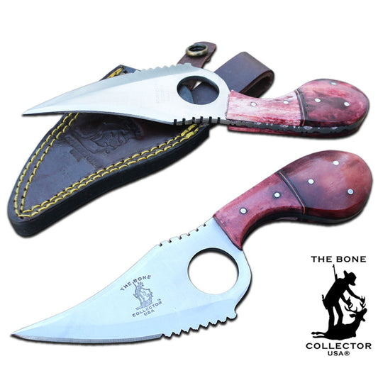 7" Bone Collector Pink Cattle Cow Bone Handle Skinning Knife with Leather Sheath