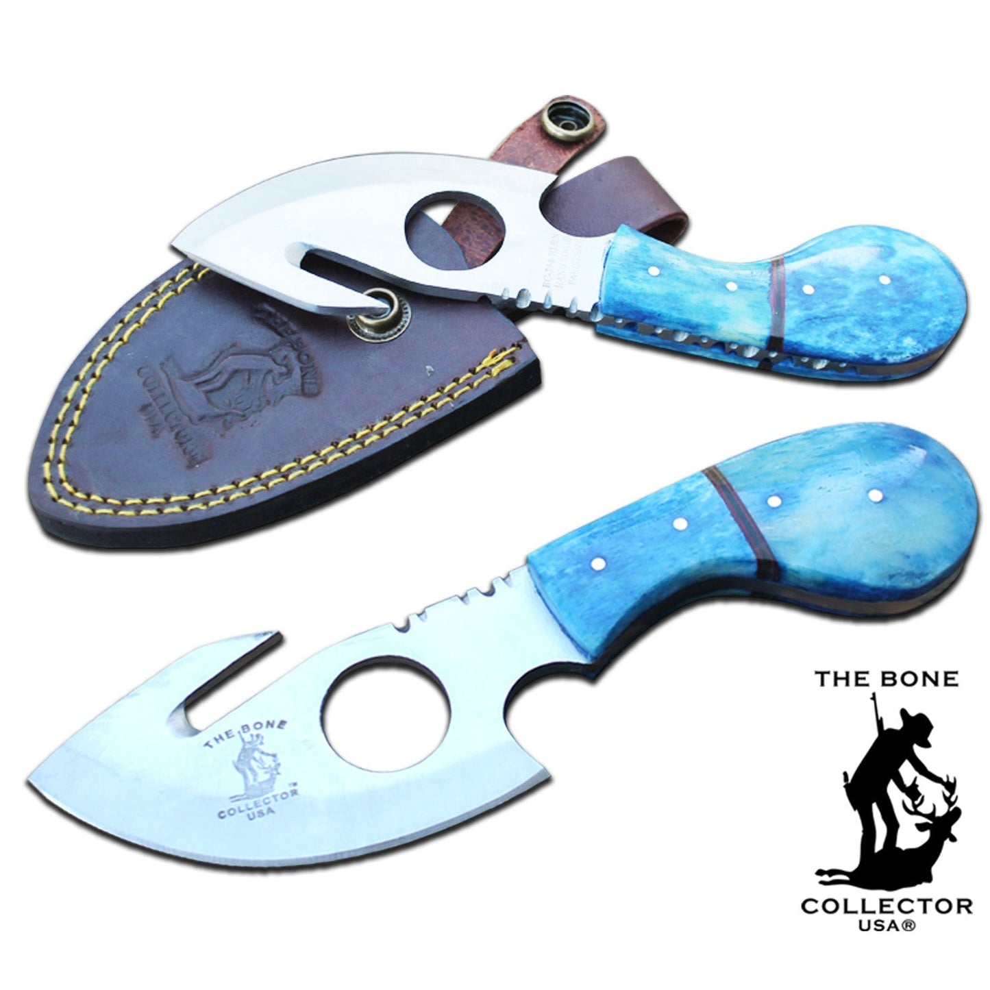 7" Bone Collector Blue Bone Handle Skinning Knife with Gut Hook