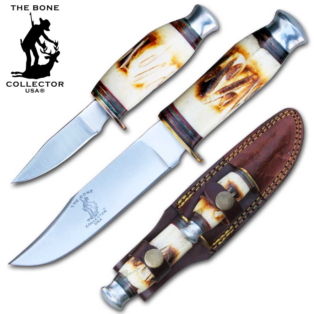 8.5" & 4.5" Bone Collector Two Piece Hunting Knife Set with Leather Sheath