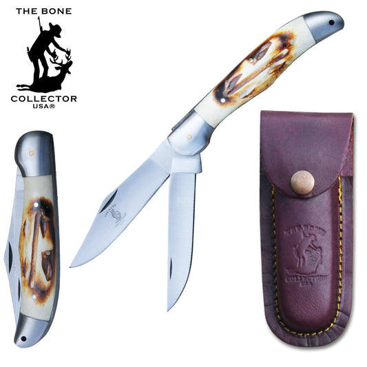 BC 816 5" Bone Collector 2 Blade Bone Handle Folding Knife with Leather Knife - Bladevip