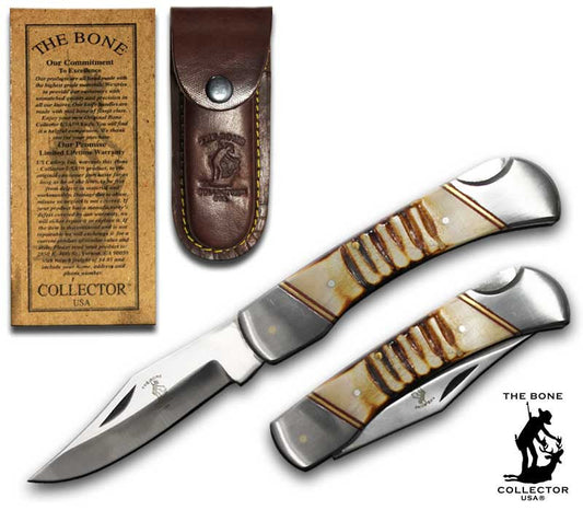 BC 849 5" Bone Collector Bone Handle Folding Knife with Leather Sheath