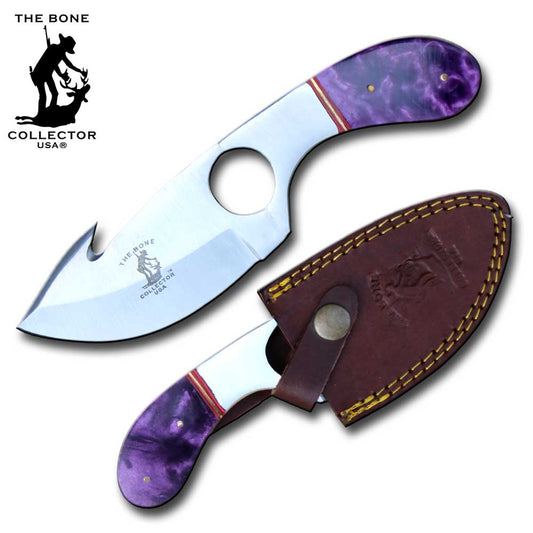 7.25" Bone Collector Purple Acrylic Handle Full Tang Hunting Guthook Knife with Finger Hole and Leather Sheath