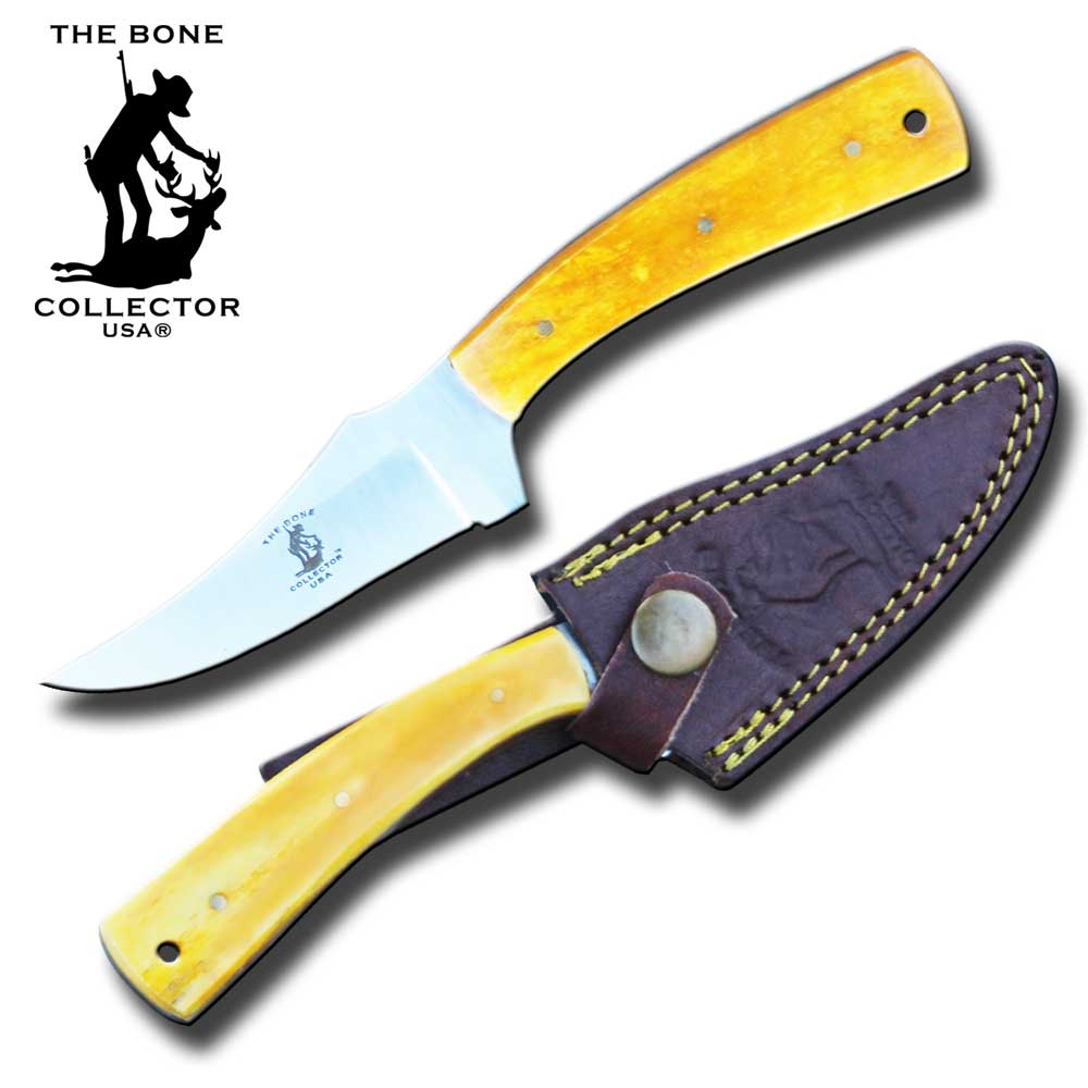 BC 860-YBN 7.25" Bone Collector Yellow Bone Handle Skinning Knife with Leather Sheath - Bladevip