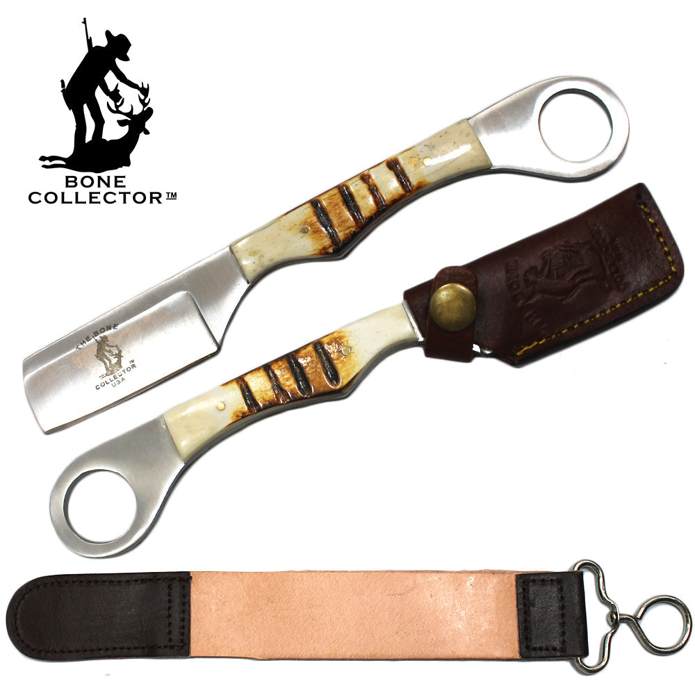 BC 866-BN 8" Bone Handle Razor Knife with Leather Sheath & Sharpening Strop Belt - Bladevip