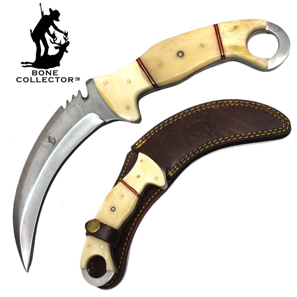 10" White Cattle Cow Bone Handle Karambit Knife with Leather Sheath - Bladevip