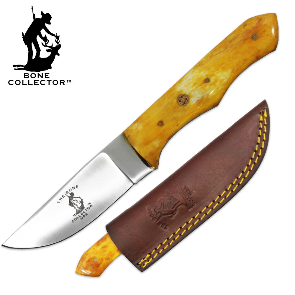 BC 884-YBN 4" Bone Collector Yellow Bovine Bone Handle Hunting Knife with Leather Sheath - Bladevip