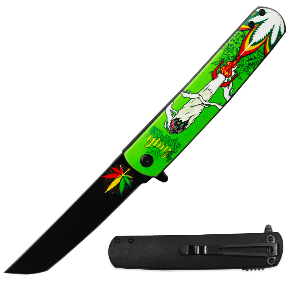 BF 1261-E3 4.5" Tanto Blade Assist-Open Cannabis Metal Handle Pocket Knife