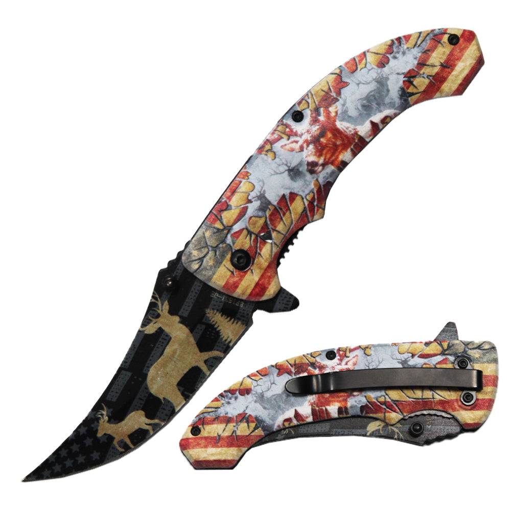 4.75" Patriotic Deer Trailing Point Blade Assist-Open Folding Knife - Bladevip