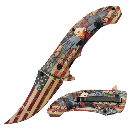 BF 1531-JJ 4.75" Patriotic Jesse James Trailing Point Blade Assist-Open Folding Knife - Bladevip