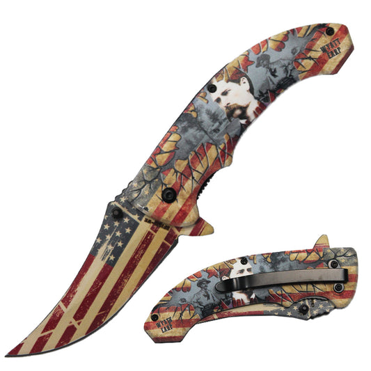 BF 1531-WE 4.75" Patriotic Wyatt Earp Trailing Point Blade Assist-Open Folding Knife - Bladevip