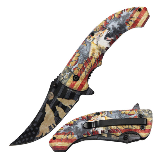 BF 1531-WF 4.75" Patriotic Wolf Trailing Point Blade Assist-Open Folding Knife - Bladevip