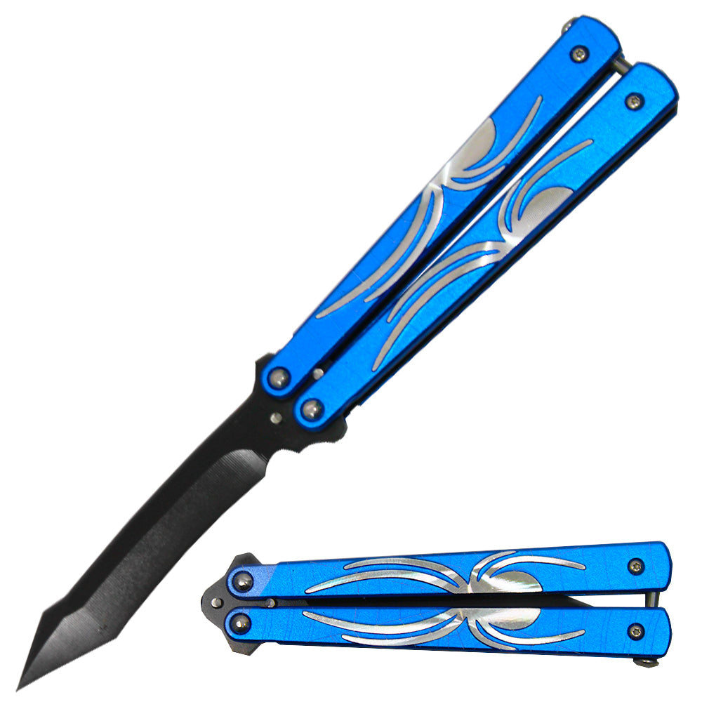 5" Blue Spider Metal Handle Dull Blade Butterfly Trainer